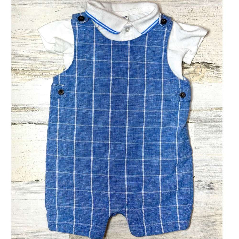 Janie and Jack Romper Set Baby Boy 3-6M Blue White Excellent Plaid Polo 2pc